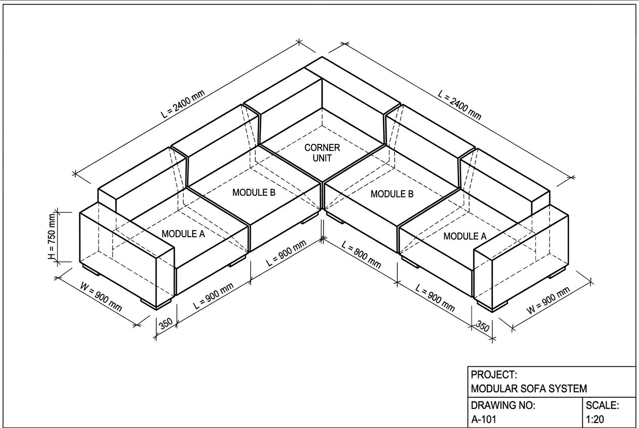 AI QUOTATION Modular technical sofa blueprint illustration